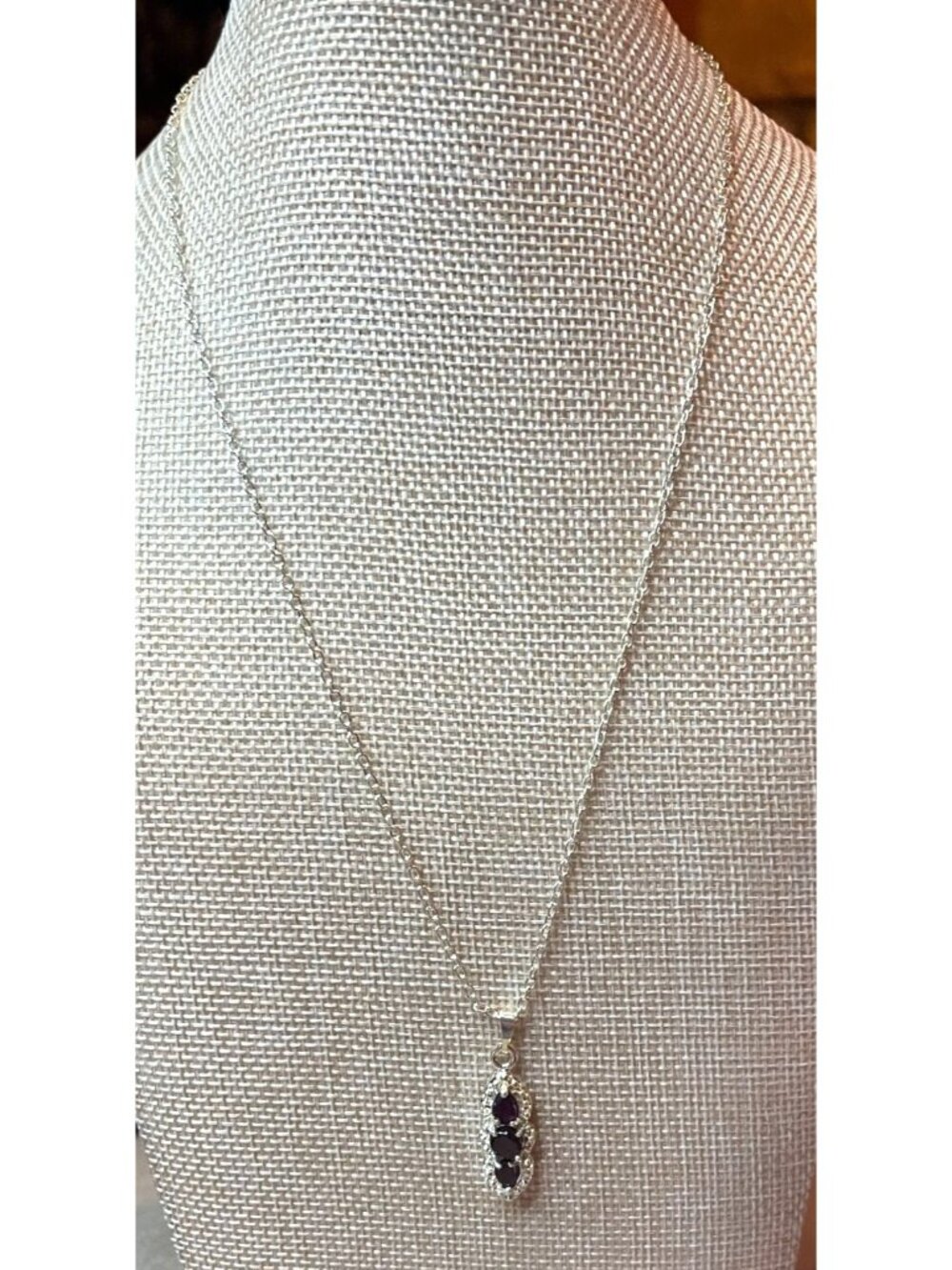 Faux Amethyst 3-Stone Linear Drop Halo Pendant Necklace